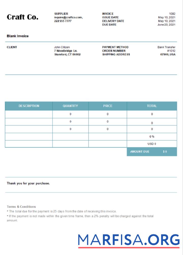 Blank USA Craft Co. invoice template